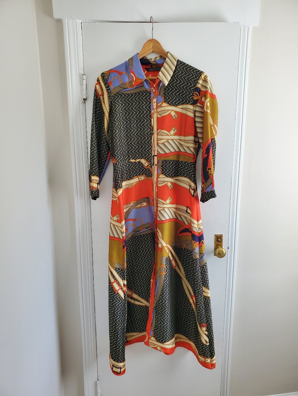 Zara Multicolor Patterned Equestrian Chain Midi Scarf Dress Women's S